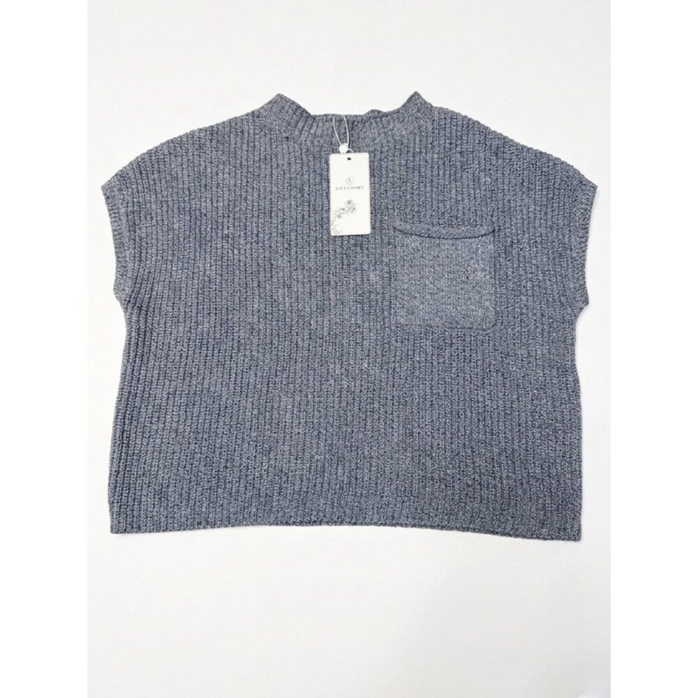 NWT Lillusory Oversized Cap Sleeve Knit Sweater Vest Pocket Gray Blue XS